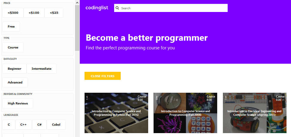 Encuentra cientos de cursos sobre programación en Codinglist