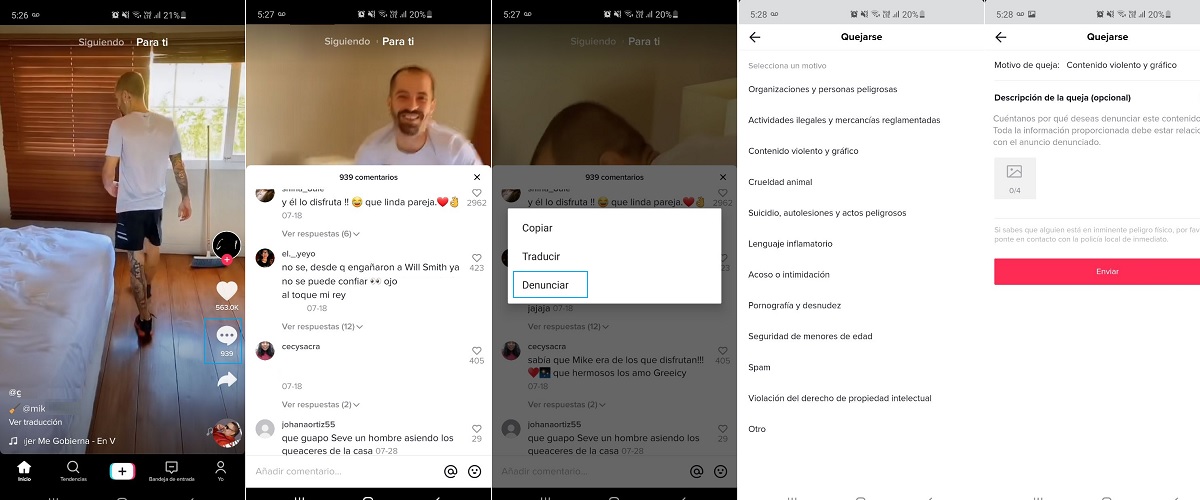 Denunciar comentarios ofensivos en TikTok