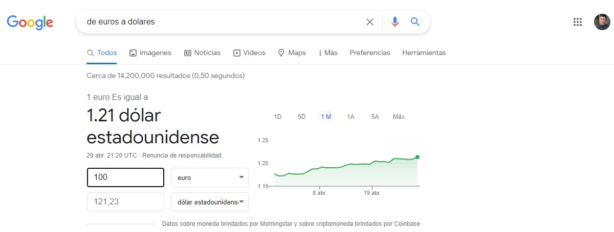 De euros a dólares en Chrome