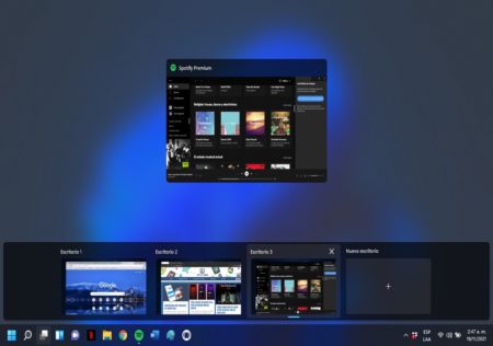 Captura de pantalla mostrando los escritorios virtuales de Windows 11 con vista de tareas y múltiples espacios de trabajo organizados