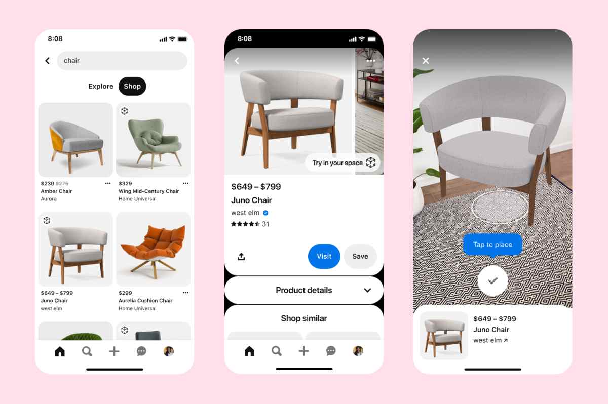Pinterest ya permite probar muebles y accesorios del hogar con la Realidad Aumentada