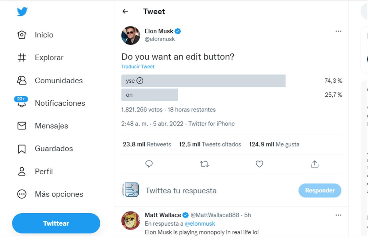 Elon Musk pregunta a sus seguidores si quieren un botón para editar tweets,  y ahora él es el mayor accionista de Twitter