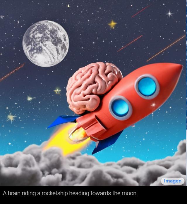 Un cerebro montado en un cohete dirigiéndose hacia la luna