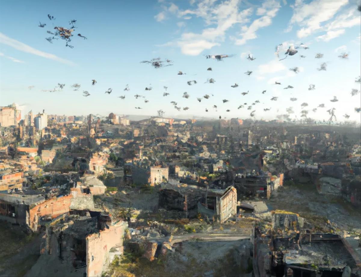 drones sobre ciudad destruida