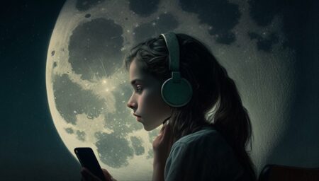 mujer con móvil con la luna de fondo
