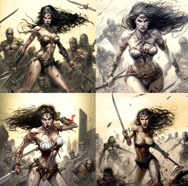 Wonder Woman luchando con Zombies al estilo Luis Royo