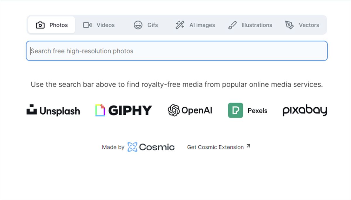 Cosmic Media, un buscador de fotos y vídeos gratis que integra Unsplash, Pexels, Giphy y Pixabay