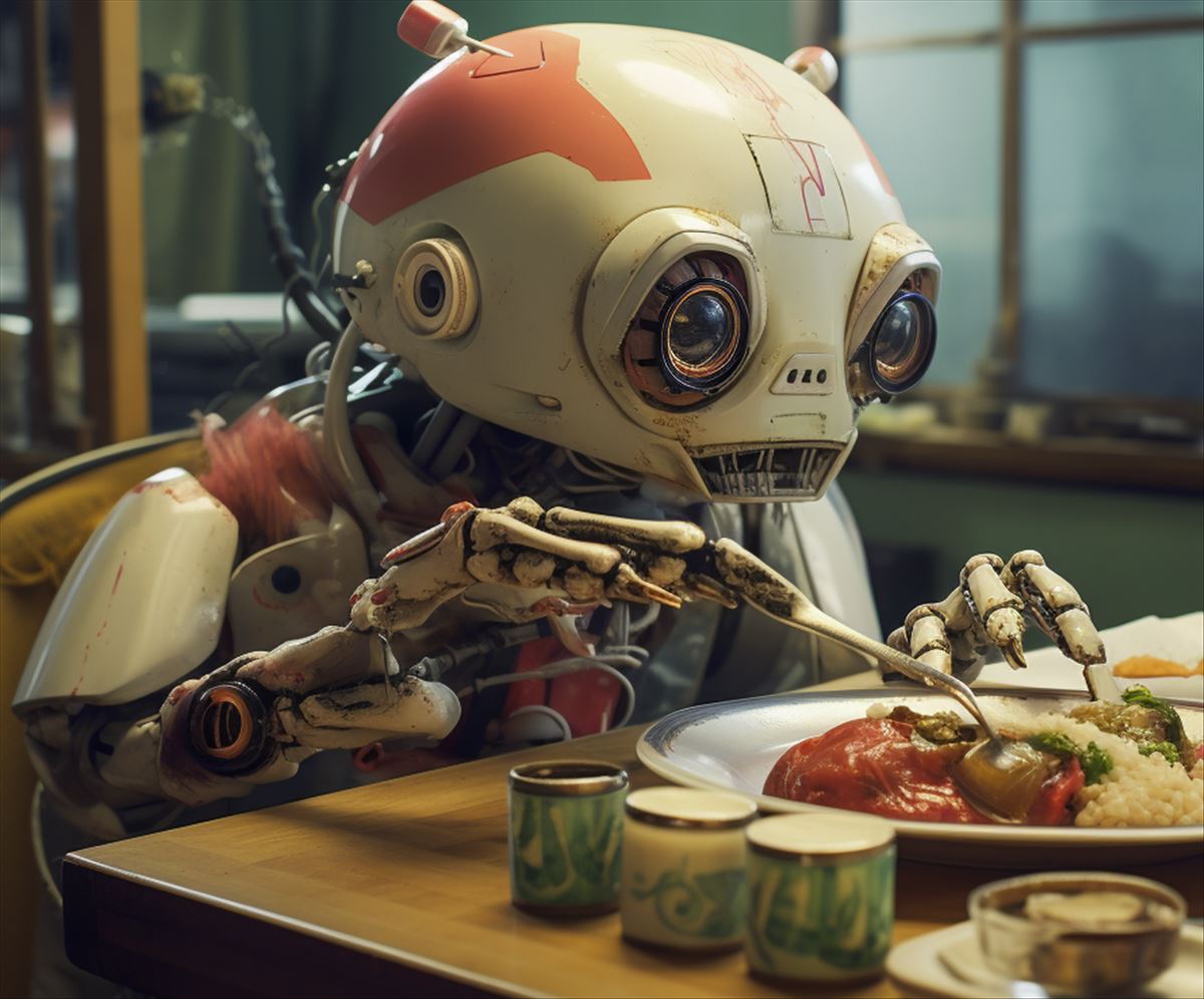 robot comiendo y cocinando