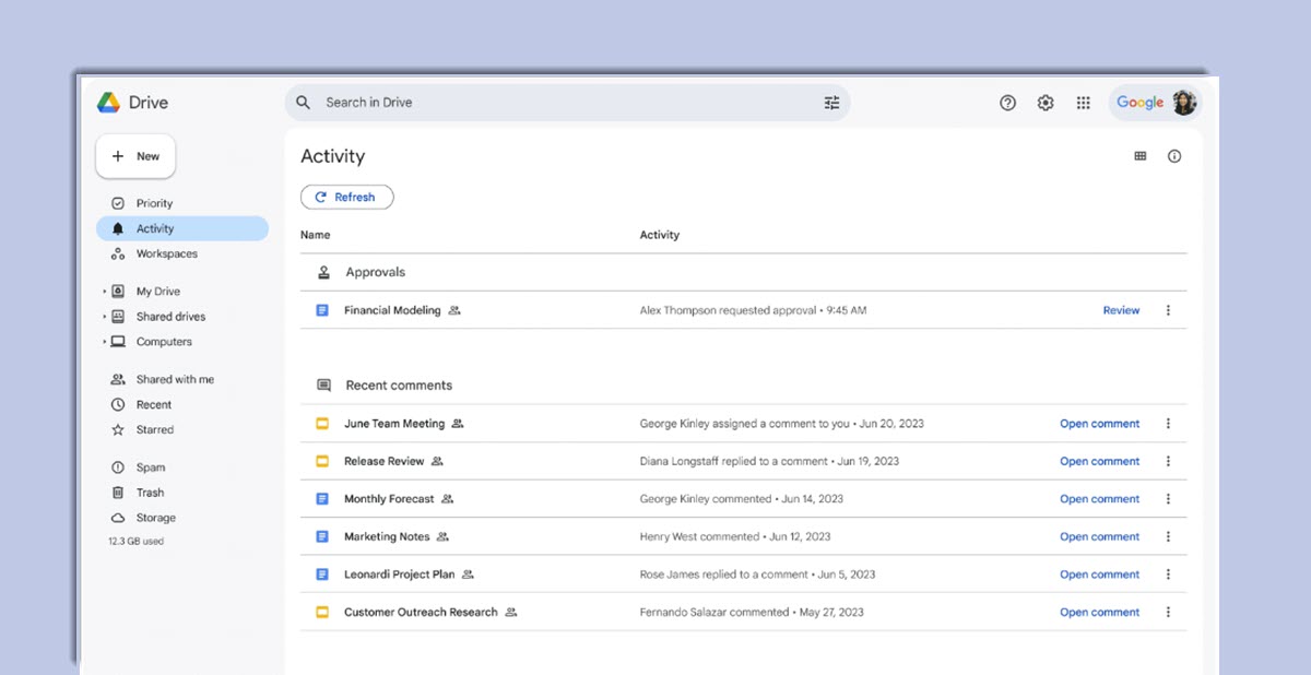 Google Drive tiene un nuevo feed que organiza tu actividad reciente