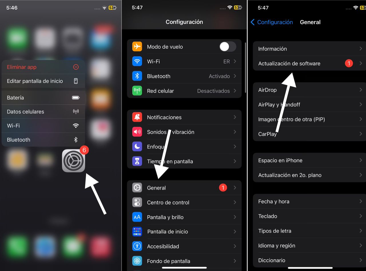 Captura de pantalla para mostrar el paso a paso de actualización de iOS
