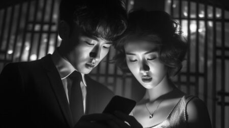 Pareja asiática usando un móvil