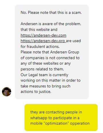 Mensaje de la verdadera empresa Andersen confirmando que es fraude
