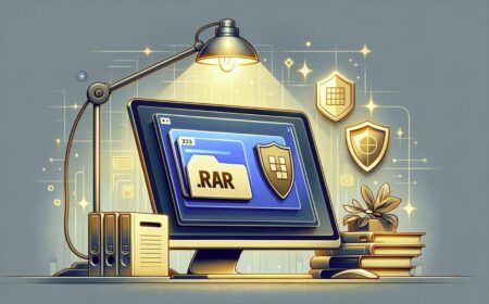 Representación artística de la actualización 23H2 de Windows 11 mostrando un ordenador moderno con cambios estéticos en el Explorador de Archivos, compatibilidad con archivos .rar y un icono de seguridad, ilustrando las nuevas características y mejoras.