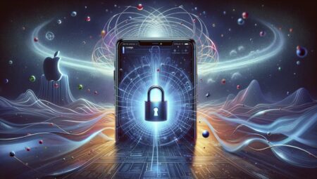 Representación artística de la criptografía resistente a cuantos de Apple para iMessage, mostrando un dispositivo de Apple con un símbolo de candado seguro y partículas cuánticas, simbolizando la protección contra futuros ordenadores cuánticos.