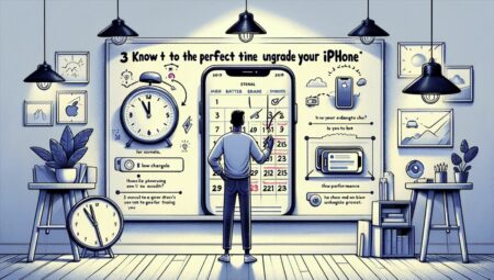 Ilustración de una persona evaluando cuándo actualizar su iPhone, con un calendario y símbolos de rendimiento