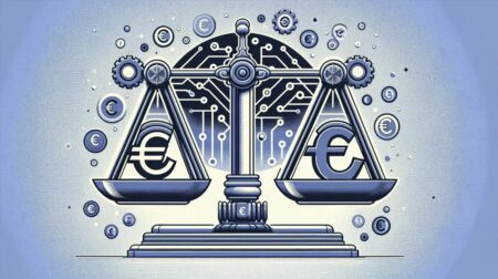 Balanza en equilibrio entre un símbolo de euro y una bombilla sobre fondo de tecnología y leyes, representando el debate entre regulación e innovación en la multa a Booking.