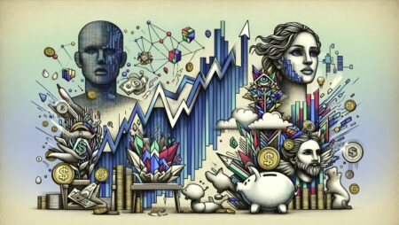 Ilustración dramática del ascenso y caída de los NFT, mostrando un gráfico con un pico pronunciado, arte digital, símbolos de riqueza y pérdida