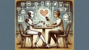 Ilustración a mano de un humano y un robot disfrutando de una conversación en una cafetería, simbolizando la conexión impulsada por IA en aplicaciones de citas