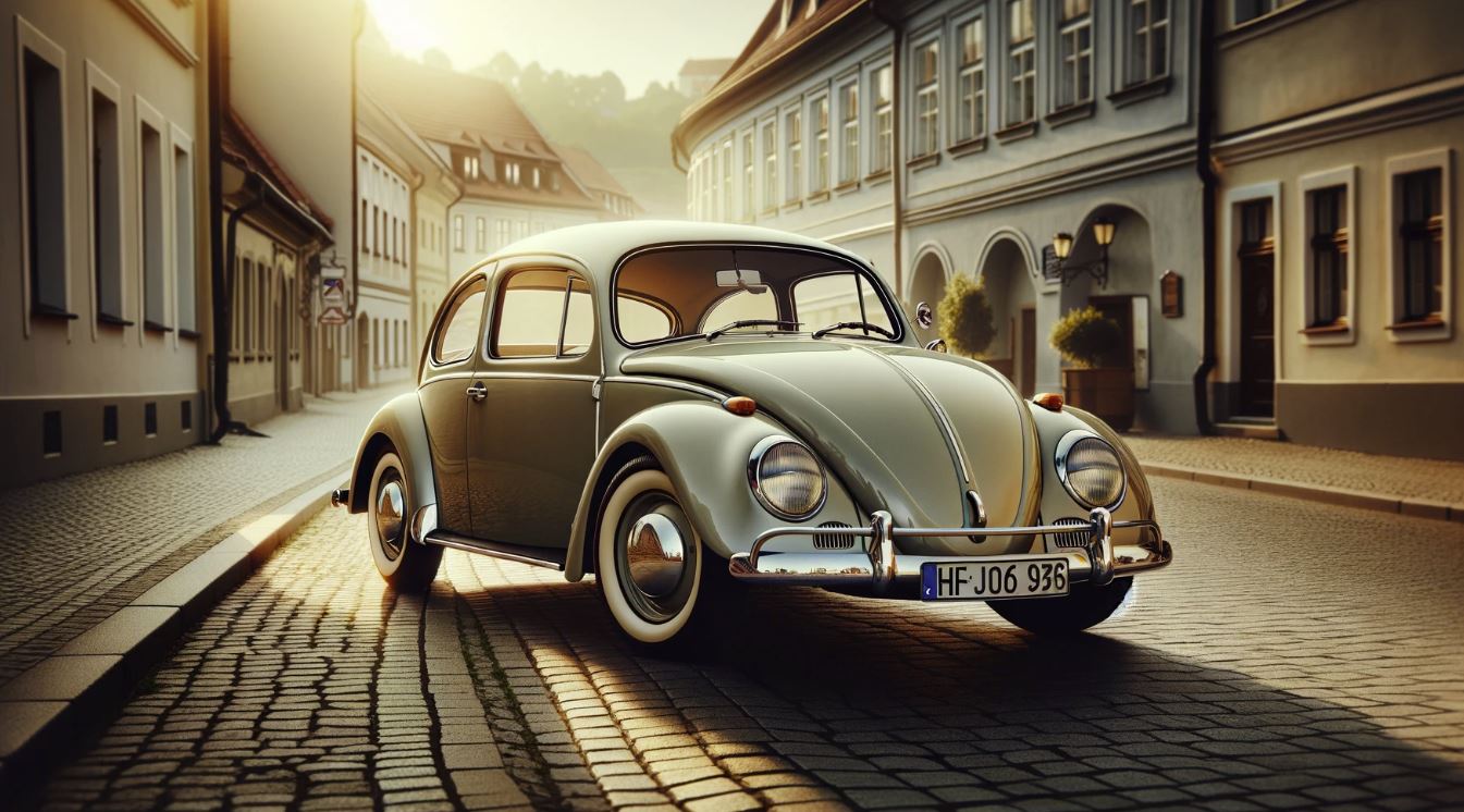 Volkswagen Beetle resaltado por la suave luz del atardecer, estacionado en una pintoresca calle adoquinada, rodeado de edificios clásicos