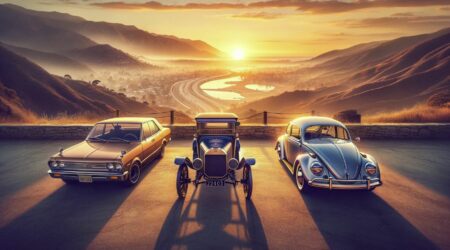 Una escena pintoresca con tres coches icónicos estacionados uno al lado del otro en un mirador escénico, con una vista panorámica del campo al atardecer. De izquierda a derecha: un Toyota Corolla, simbolizando la fiabilidad y la popularidad global; un Ford Modelo T, representando el amanecer de la producción automotriz en masa; y un Volkswagen Beetle, encarnando la singularidad del diseño y el impacto cultural. Los coches están perfectamente alineados, mostrando sus diseños distintivos y su significado histórico, con un fondo que ofrece un atardecer sereno y hermoso, bañando los vehículos en una luz cálida y destacando su legado en el mundo automotriz.