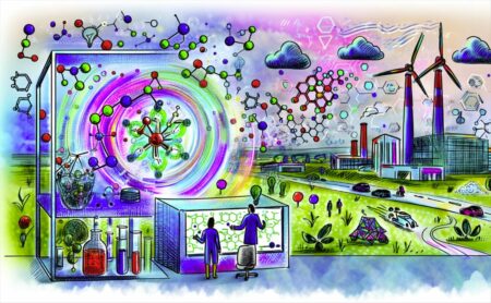 Ilustración futurista mostrando la ciencia de materiales y la IA transformando la energía, la sostenibilidad y el transporte