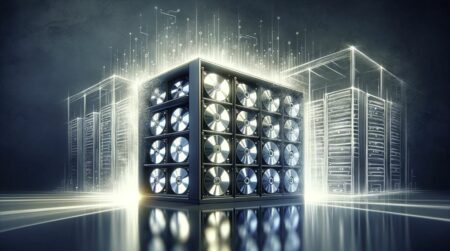 Ilustración futurista de centros de datos compactos con discos estilo DVD en una habitación minimalista, simbolizando un avance en tecnología de almacenamiento