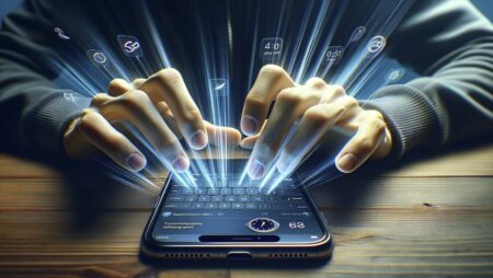 Persona mejorando su velocidad de escritura en un iPhone, con enfoque en las manos y movimiento rápido