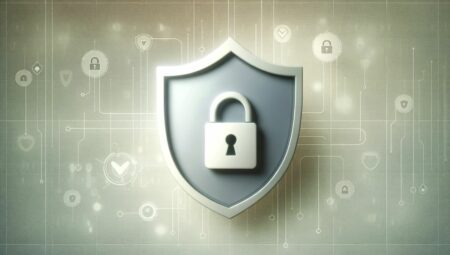 Imagen minimalista representando la protección de la privacidad y la seguridad cibernética con un escudo y un candado sobre un fondo digital