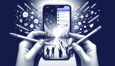 Esquema a lápiz mostrando la publicación cruzada entre Facebook y Threads, con un smartphone mostrando ambas interfaces conectadas por un flujo de publicaciones, reflejando la comunidad interactiva detrás