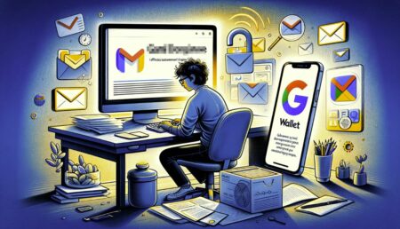 Ilustración desmintiendo el fin de Gmail y mostrando la transición de Google Pay a Google Wallet, con un usuario aliviado leyendo una declaración oficial de Google en su pantalla