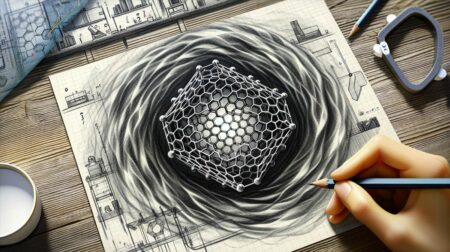 Esquema a lápiz de una computadora cuántica futurista con capas de grafeno, representando el avance en la computación cuántica gracias a este material