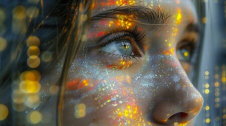 Imagen de un rostro femenino con los colores de la bandera española reflejados en estilo futurista