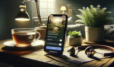 iPhone en una mesa de madera mostrando la opción de sonidos de fondo relajantes en su pantalla, rodeado de una planta, una taza de té y auriculares para una atmósfera tranquila