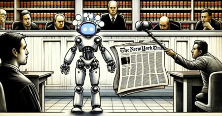 Representación artística de un juicio entre un robot de OpenAI y un periódico simbolizando The New York Times, destacando el conflicto entre tecnología y leyes de derechos de autor.