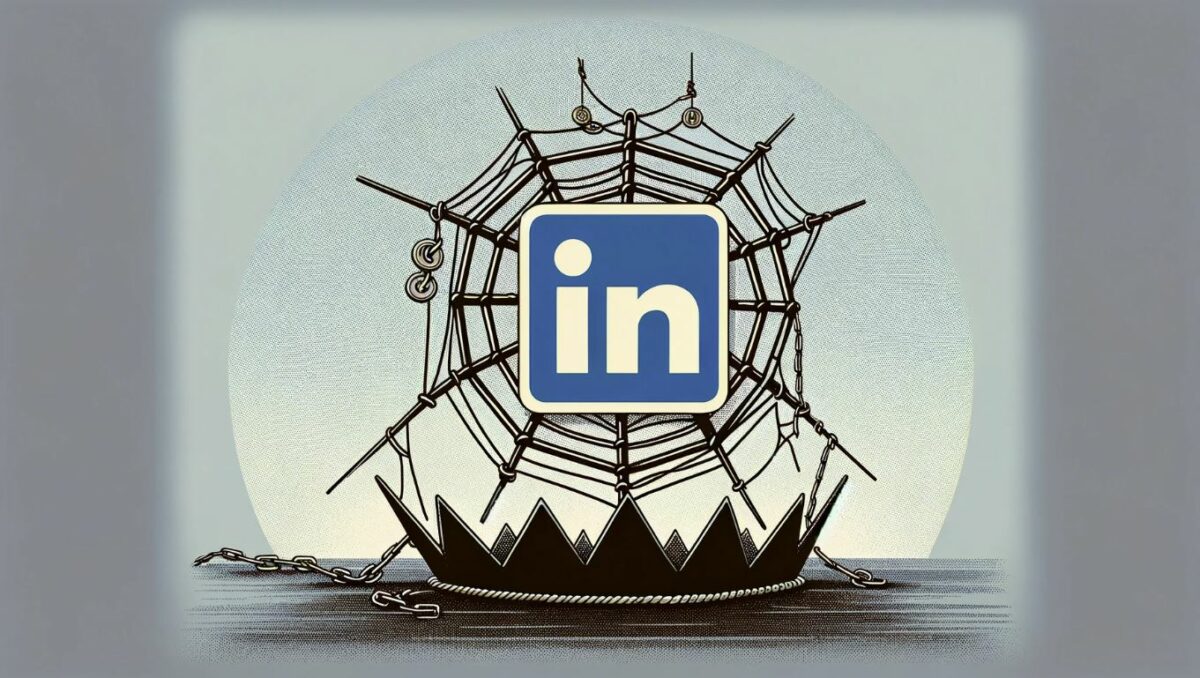 Una ilustración minimalista y dibujada a mano que muestra el logo de LinkedIn integrado sutilmente en una trampa, simbolizando los peligros de las estafas laborales en plataformas de networking profesional.
