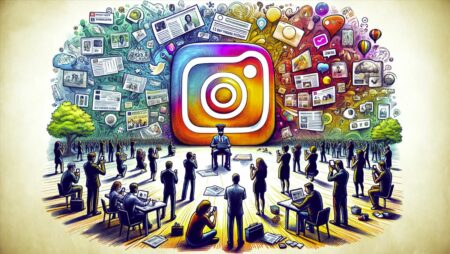 Ilustración que muestra la transformación de Instagram en una plataforma de noticias con personas de diversas edades consumiendo contenido, destacando un periodista curando historias, simbolizando la nueva era de la información digital.
