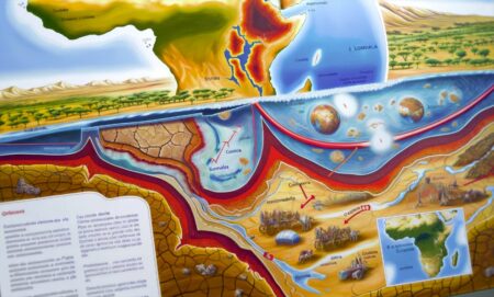 Ilustración científica mostrando la formación de un nuevo océano en el Cuerno de África debido a la separación tectónica en el Valle del Rift, con anotaciones de las placas somalí y nubia y la expansión de la grieta.