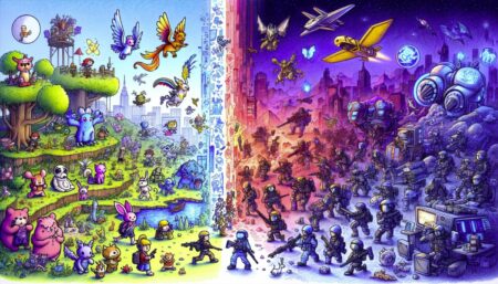 Escena vibrante dibujada a mano que muestra el mundo fantástico de Palworld y el campo de batalla futurista de Helldivers 2, con jugadores navegando entre ambos juegos