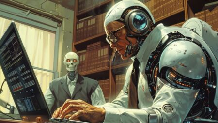 Ilustración de un periodista y una representación de IA colaborando en una redacción