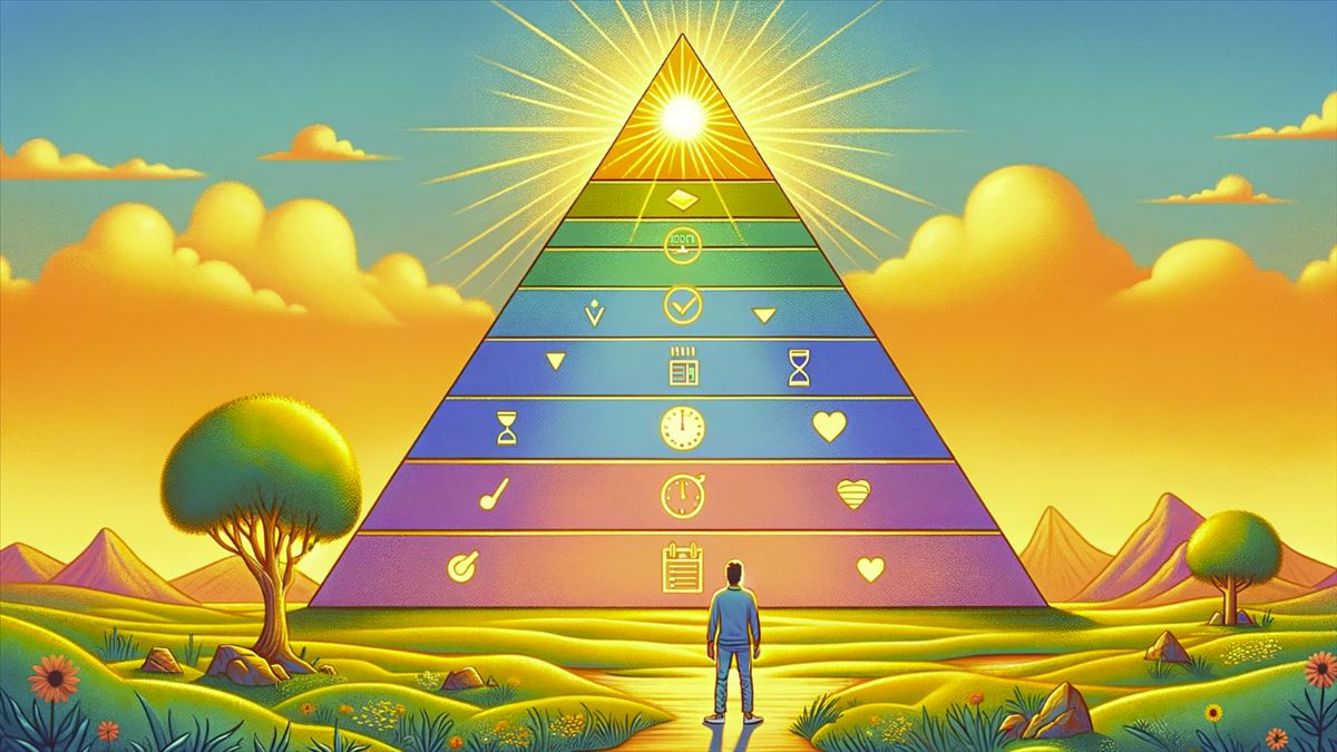 Ilustración vibrante de la metodología POSEC, mostrando una persona ante una pirámide de necesidades con pasos hacia el cumplimiento y la contribución