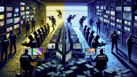 Operativo contra la piratería IPTV en Canadá: contraste entre piratas digitales y la acción de la Policía de Quebec, ilustración en estilo dibujo a mano.