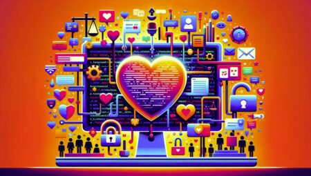 Ilustración de una computadora portátil mostrando código fuente con íconos de corazón, candado y balanza de justicia, simbolizando el equilibrio entre tecnología, seguridad y ética en el contexto del software de código abierto y protestware