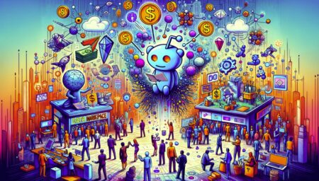 Ilustración dinámica mostrando el intercambio de datos entre Reddit y empresas de IA, simbolizando el valor económico de la información en un mercado digital innovador