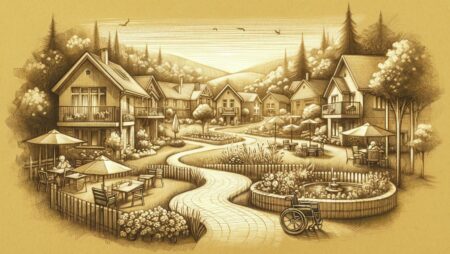 Dibujo a mano de diversas opciones de alojamiento para mayores en un entorno rural de Cataluña, mostrando residencias, centros de día y viviendas tuteladas en un paisaje sereno, invitando a descubrir el lugar ideal para vivir en la tercera edad.