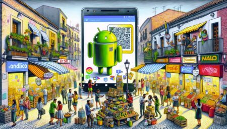 Mercado español vibrante con integración de tecnología digital en el comercio tradicional, mostrando clientes felices usando un terminal TPV Android para fidelización y pagos