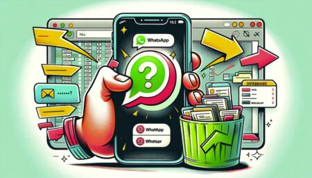 Ilustración de un usuario intentando recuperar mensajes de WhatsApp perdidos, con un teléfono mostrando WhatsApp y un gestor de archivos con carpetas de recuperación en el fondo