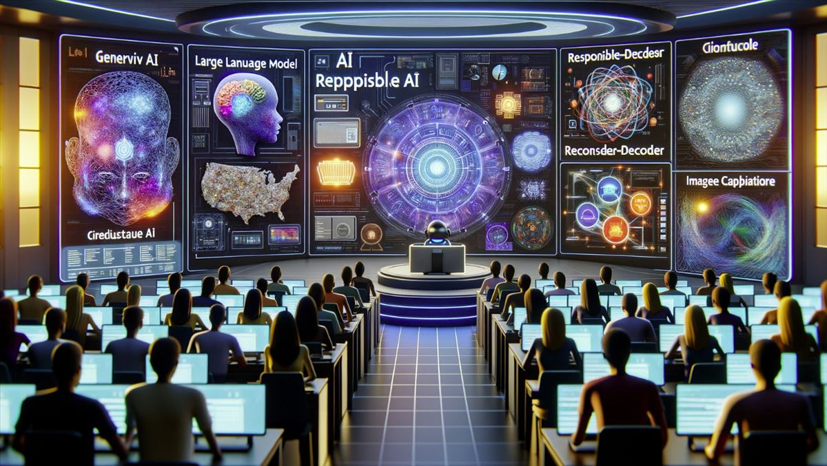 Representación visual de cursos en línea sobre inteligencia artificial y aprendizaje automático ofrecidos por Google, mostrando un aula digital con conceptos de IA y estudiantes diversos interactuando con tecnología avanzada.