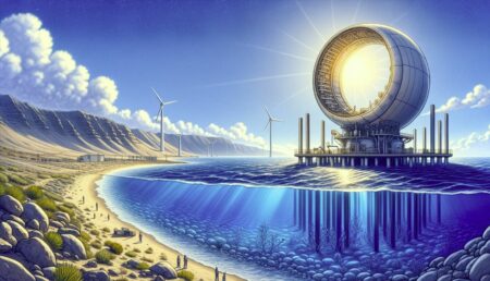 Ilustración representativa generada por IA sobre la construcción de un dispositivo de Conversión de Energía Térmica Oceánica (OTEC).
