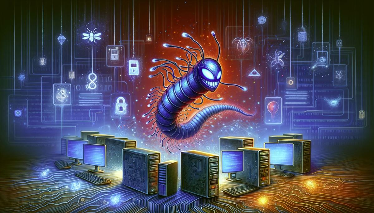 Representación artística de un gusano informático de IA avanzando a través de sistemas conectados, simbolizando la amenaza cibernética futurista y la importancia de la ciberseguridad.