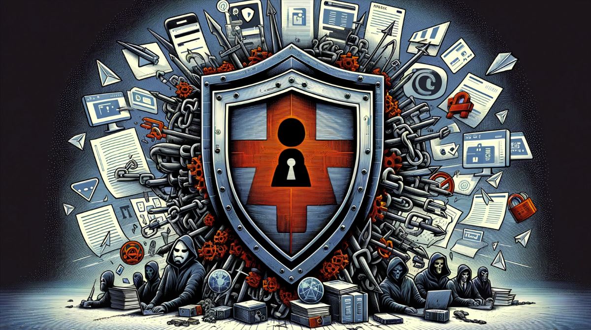 Ilustración de ciberseguridad mostrando un escudo digital protegiendo contra ciberdelincuentes, con iconos de PDF maliciosos, archivos de Office vulnerables, y logos de Discord y TextBin en el fondo, simbolizando la defensa contra ataques cibernéticos.